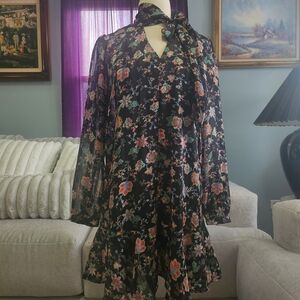 Banana Republic Black Floral Long Sleeve Dress